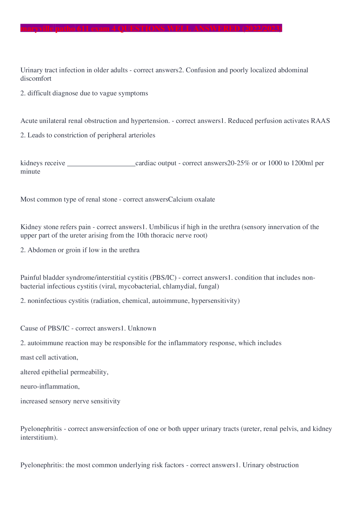 Preview image for maryville patho 611 exam 4 QUESTIONS WELL ANSWERED (2022/2023)